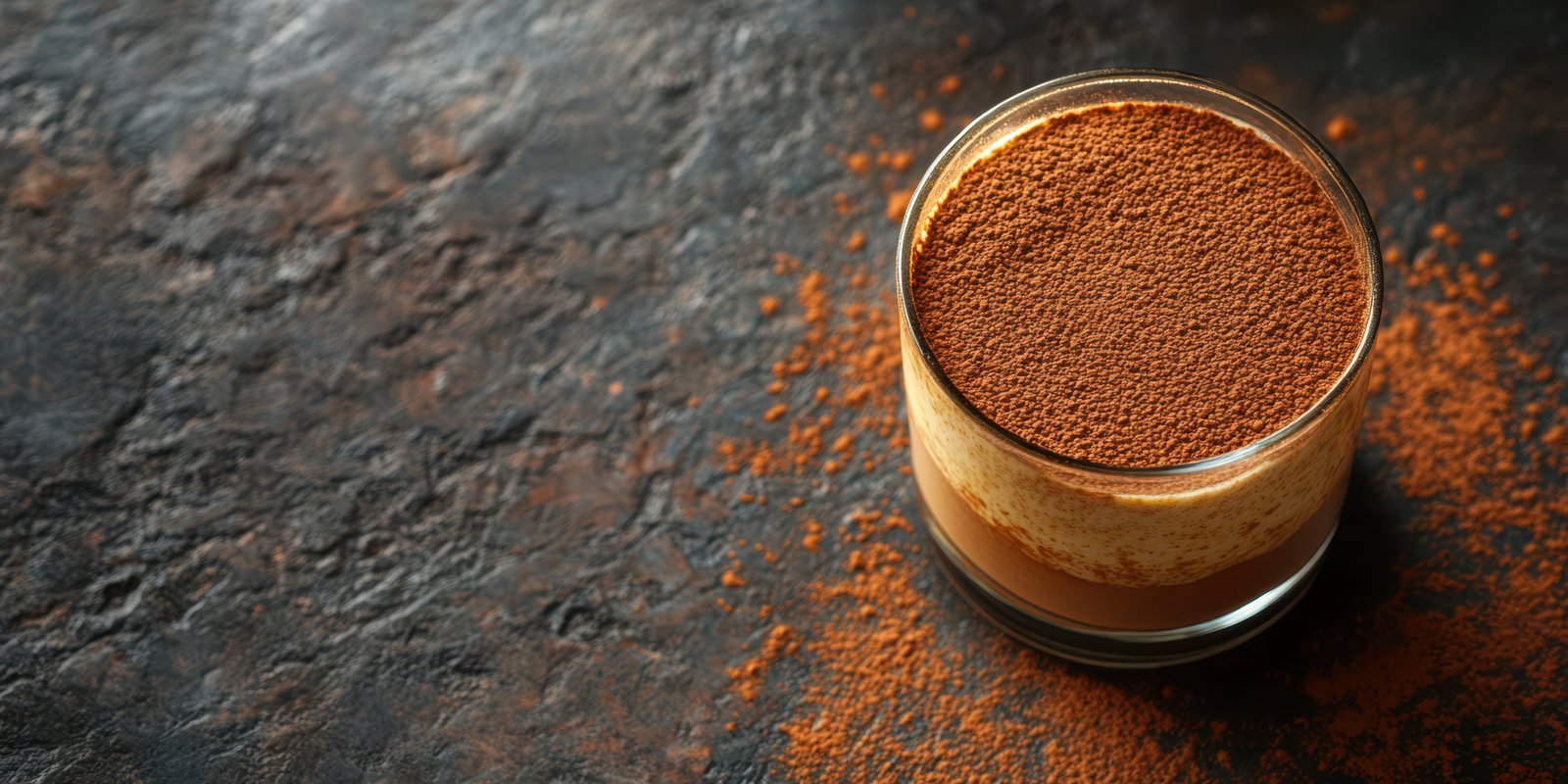 Decadent dessert served in a glass with cocoa powder on textured dark surface